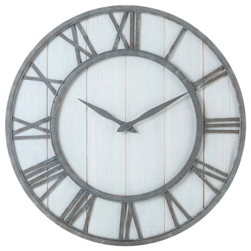 Oldtown Clocks Oldtown Farmhouse Metal & Solid Wood Noiseless Wall Clock (Whitewash, 24-inch) - Image 1